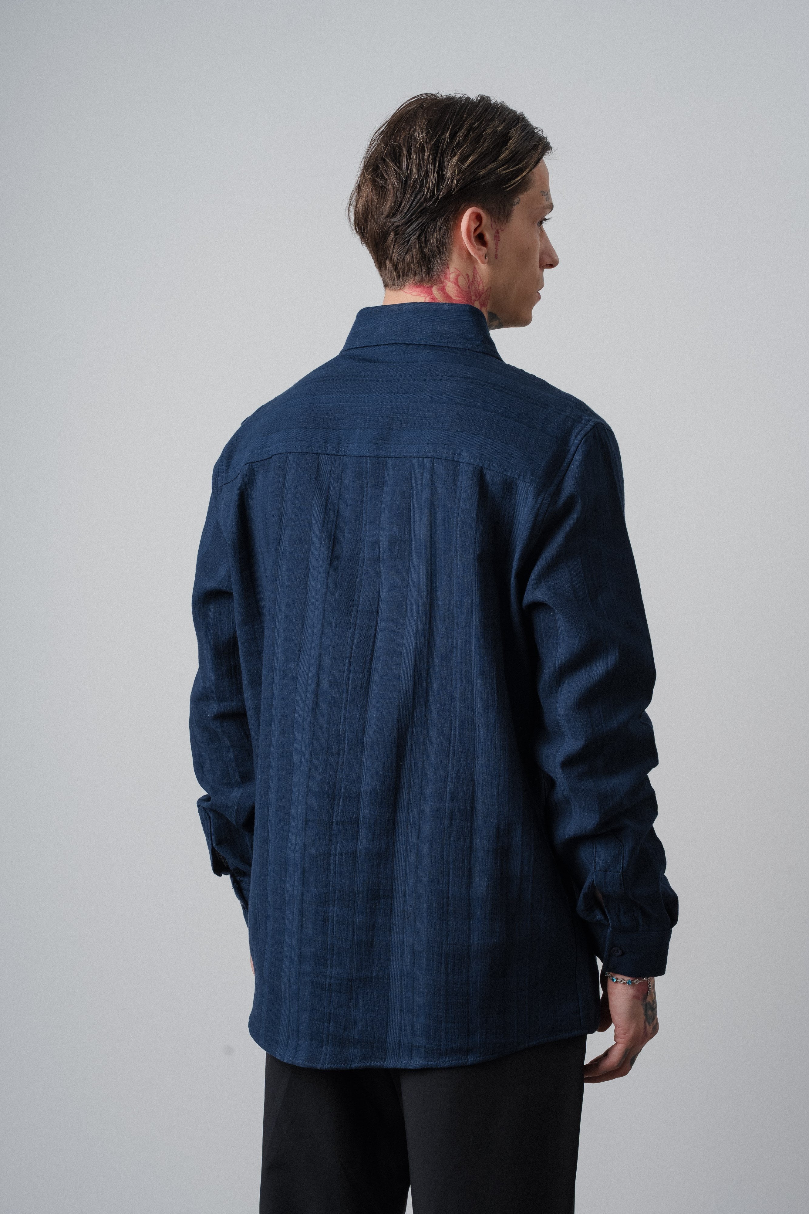 Erkek Nakış Detaylı Uzun Kollu Müslin Oversize Gömlek Lacivert