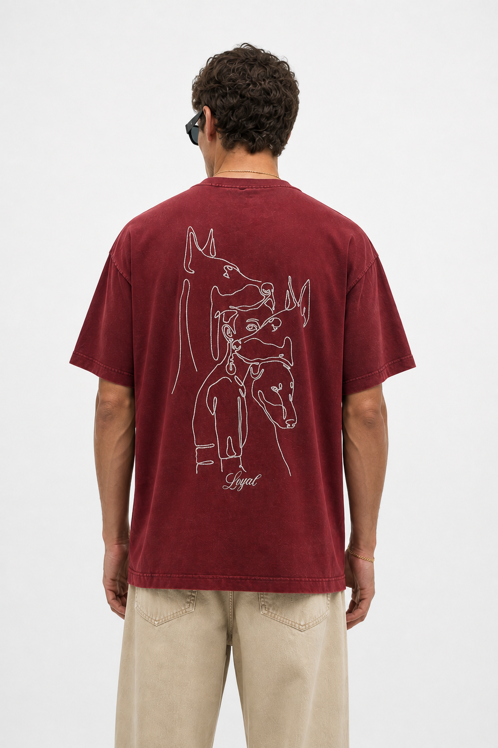 Erkek Nakış Detaylı Yıkamalı Oversize T-Shirt Bordo