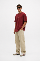 Erkek Nakış Detaylı Yıkamalı Oversize T-Shirt Bordo