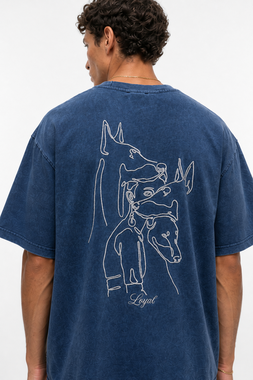 Erkek Nakış Detaylı Yıkamalı Oversize T-Shirt Lacivert