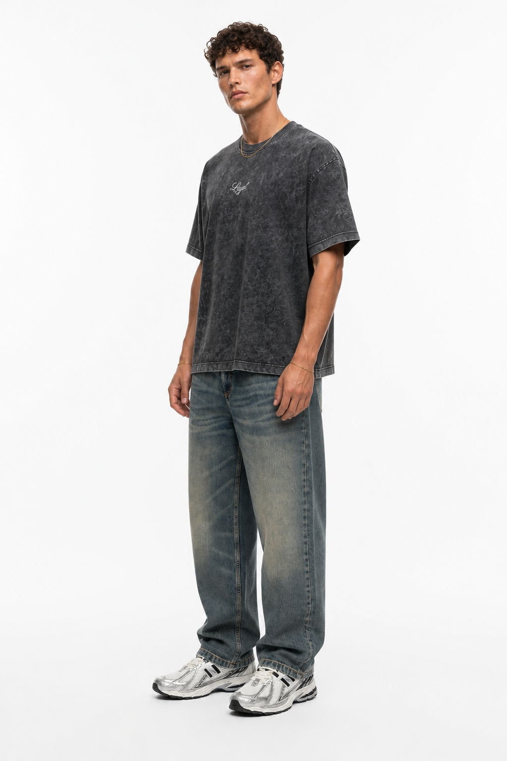 Erkek Nakış Detaylı Yıkamalı Oversize T-Shirt Siyah