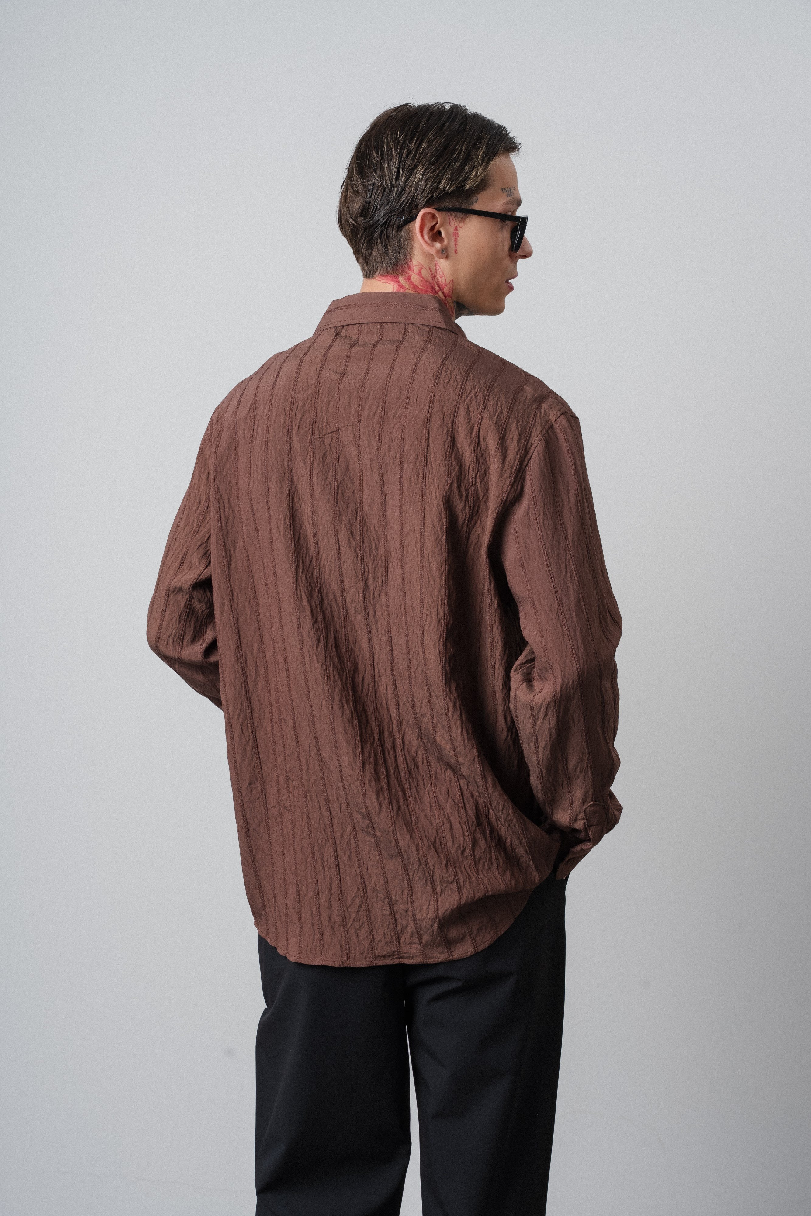Erkek Nakışlı Uzun Kollu Oversize Gömlek Kahve