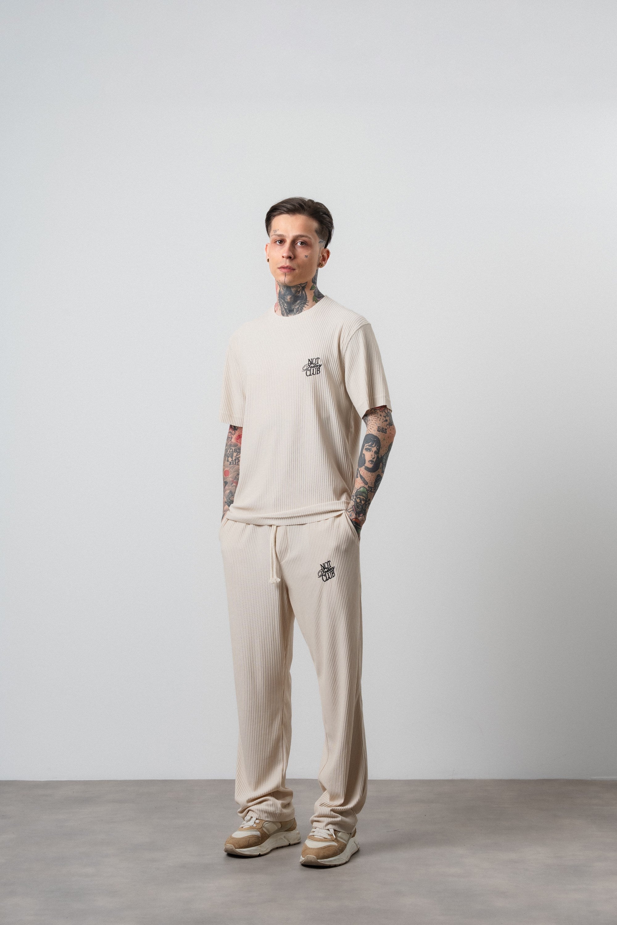 Erkek Not Today Yazılı T-Shirt Pantolon Takım Bej