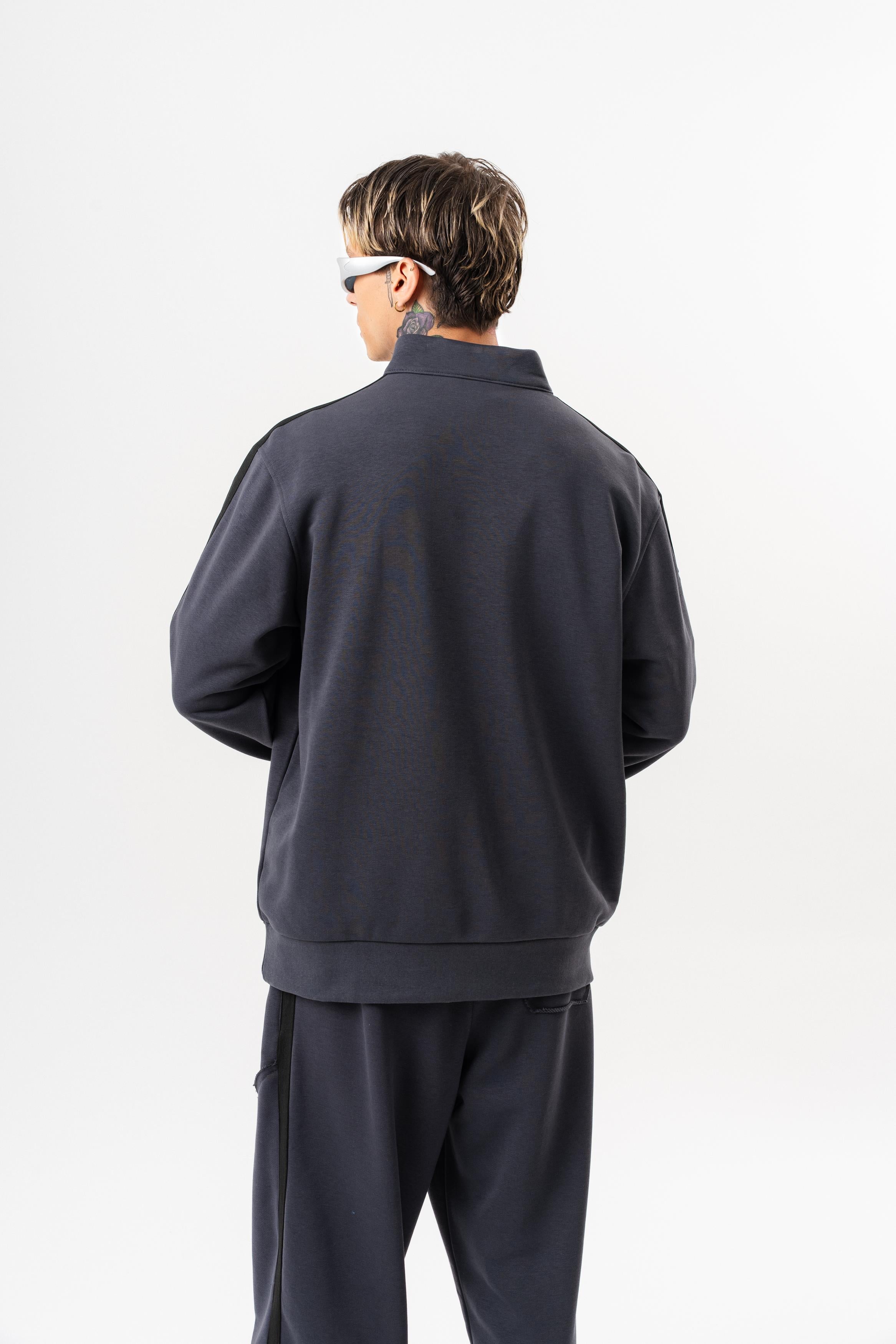 Erkek Pis Dikiş Detaylı Yarım Fermuarlı Diagonel Sweatshirt Füme
