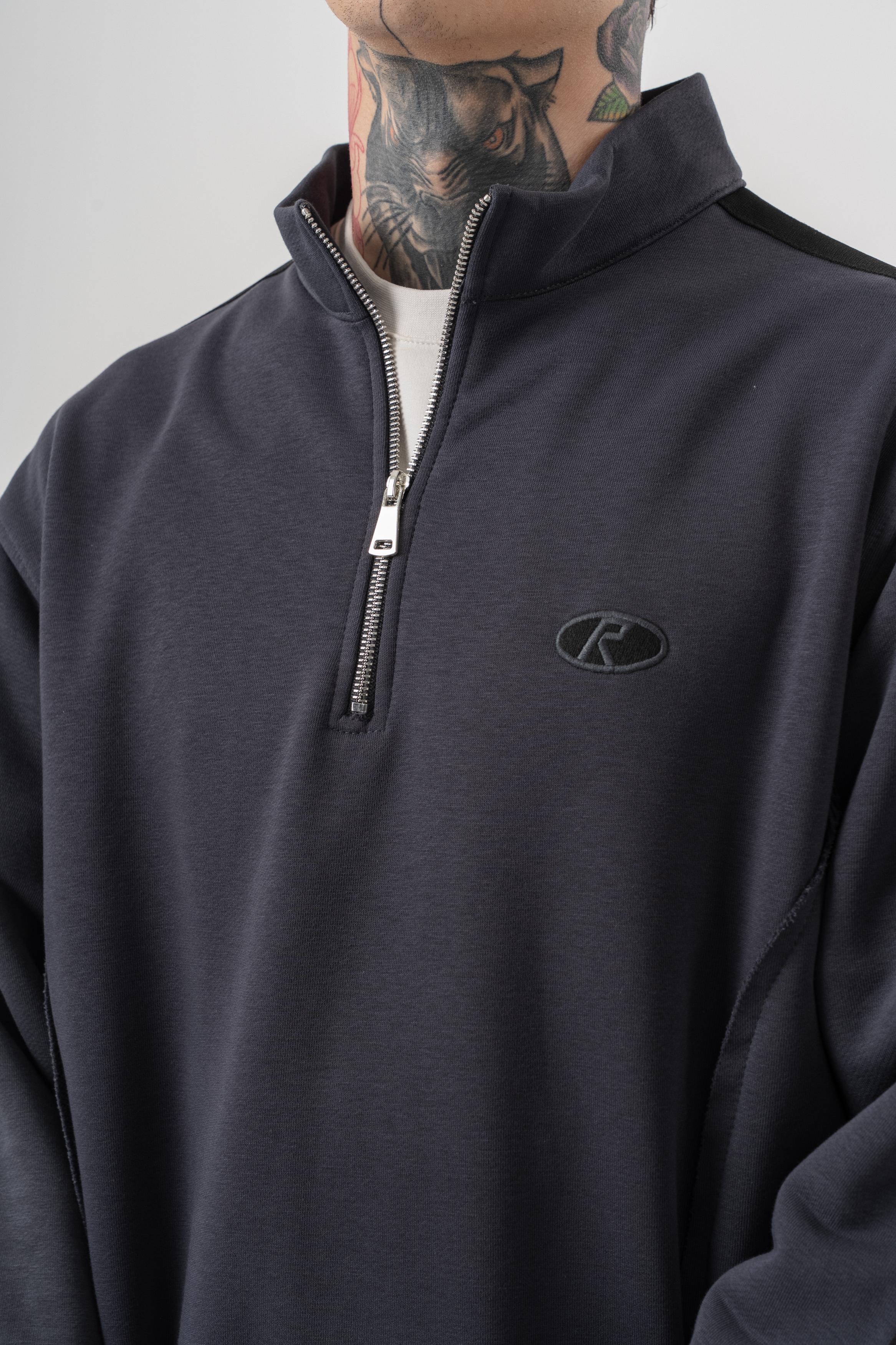 Erkek Pis Dikiş Detaylı Yarım Fermuarlı Diagonel Sweatshirt Füme