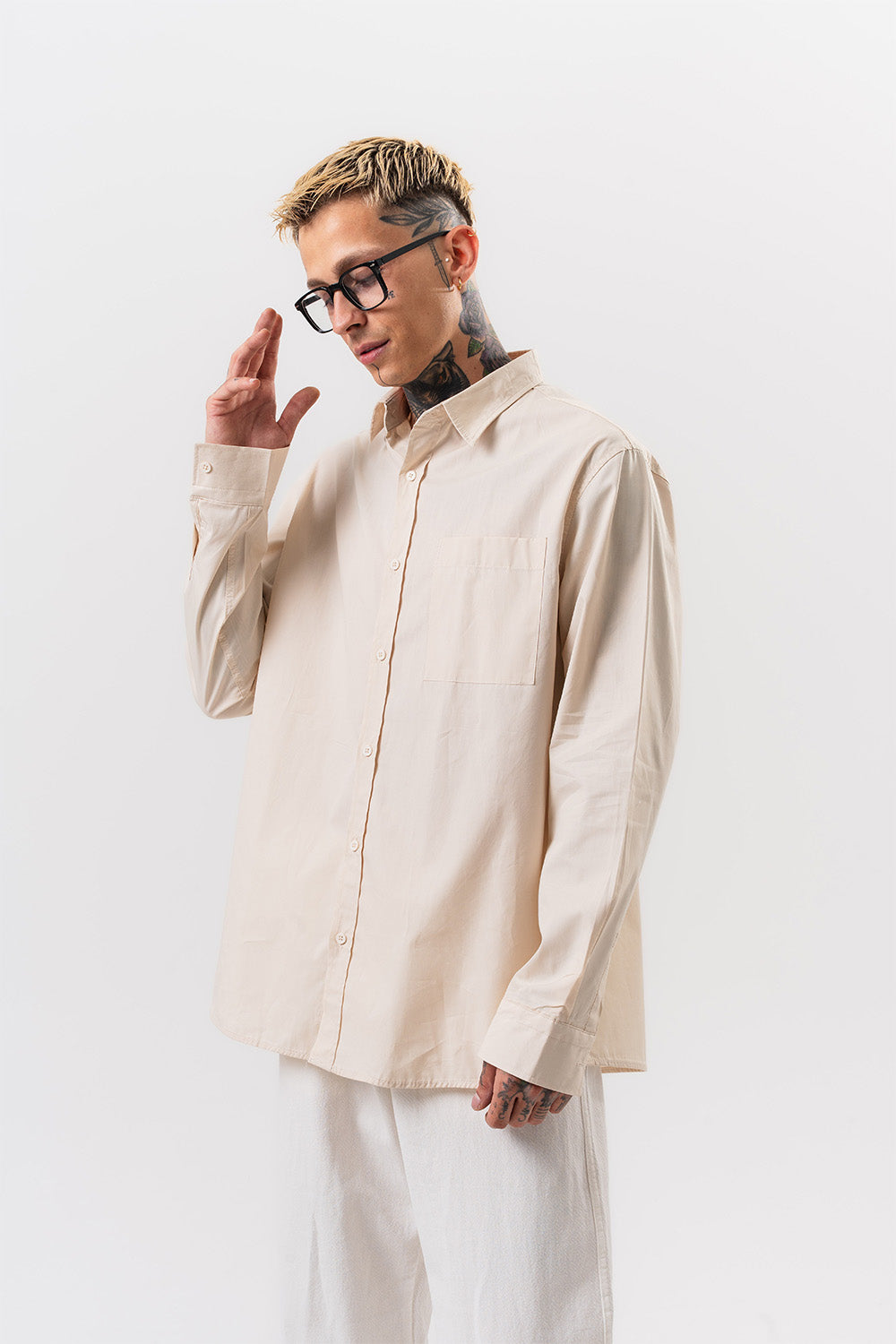 Respire-Erkek Poplin Oversize Gömlek Bej-Gömlek-1-Milagron.com