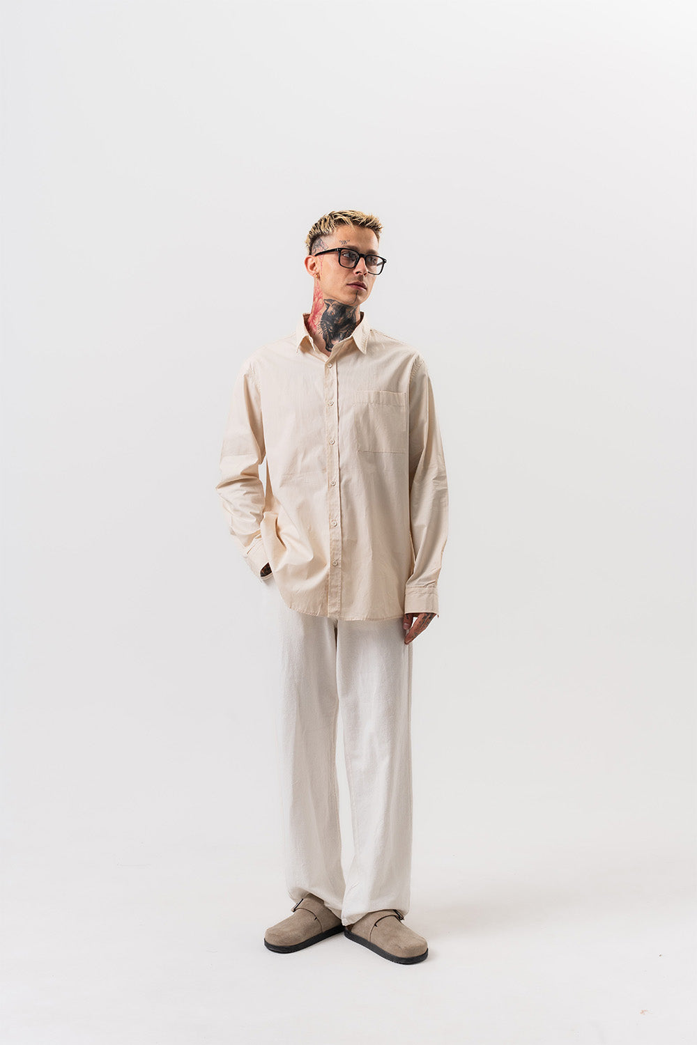 Respire-Erkek Poplin Oversize Gömlek Bej-Gömlek-2-Milagron.com