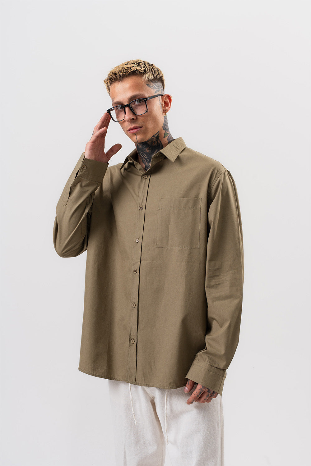 Respire-Erkek Poplin Oversize Gömlek Haki-Gömlek-1-Milagron.com