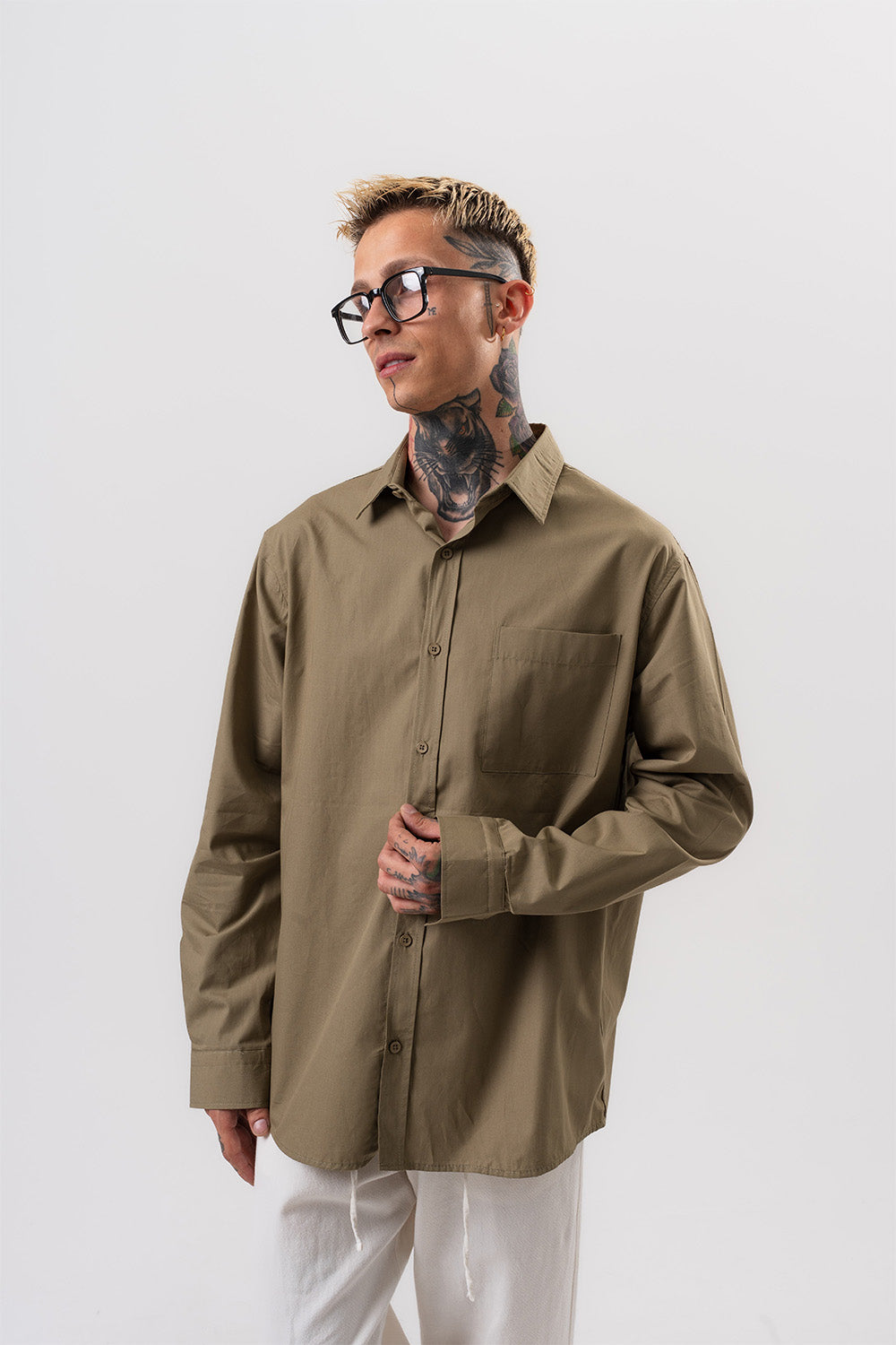 Respire-Erkek Poplin Oversize Gömlek Haki-Gömlek-3-Milagron.com