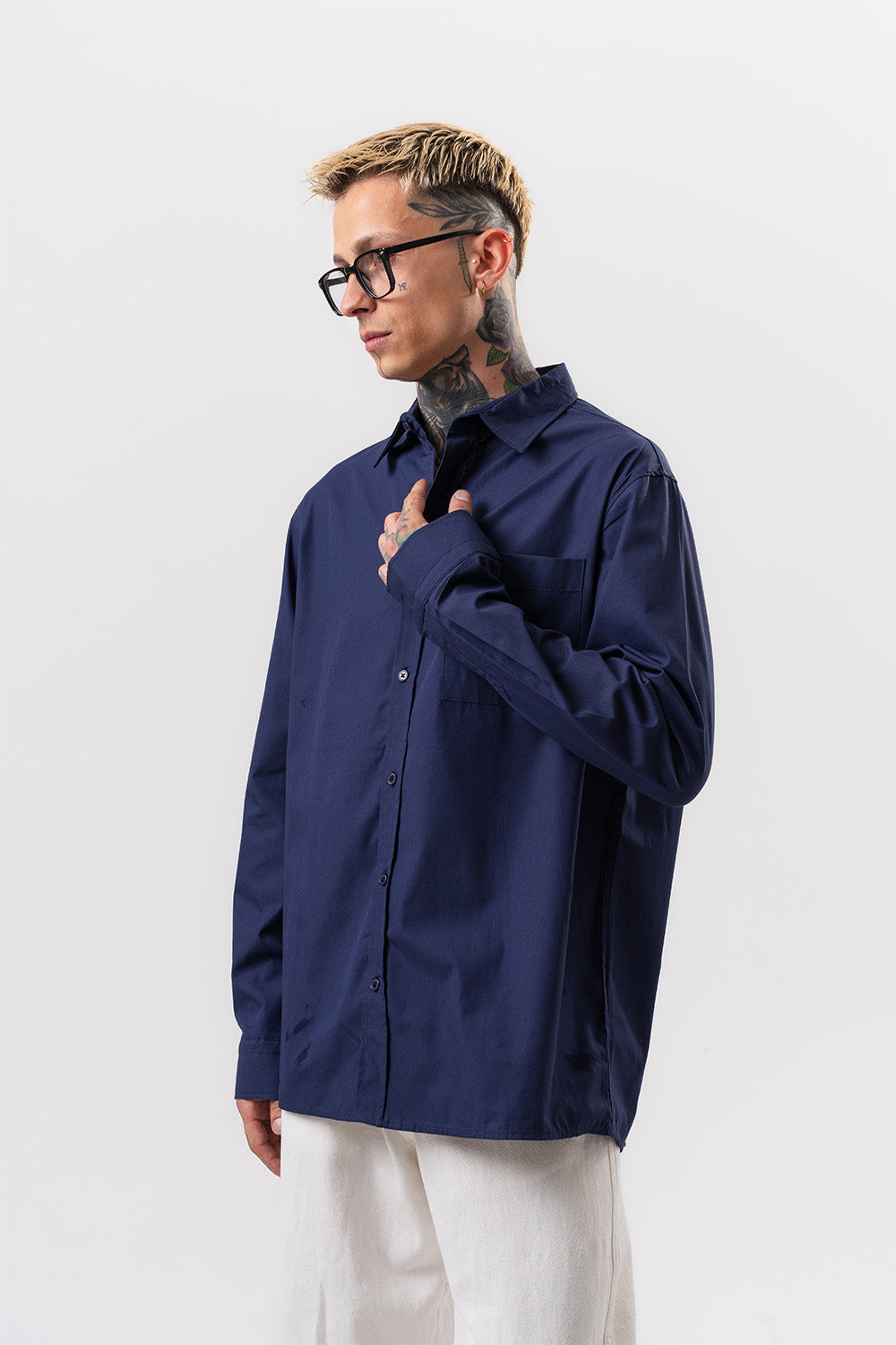 Respire-Erkek Poplin Oversize Gömlek Lacivert-Gömlek-2-Milagron.com