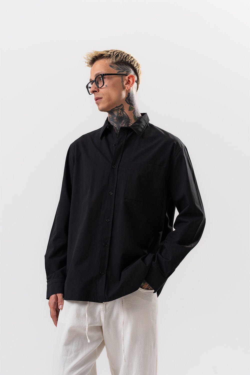 Respire-Erkek Poplin Oversize Gömlek Siyah-Gömlek-5-Milagron.com