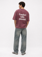 Erkek Puf Baskılı Yıkamalı Oversize T-Shirt Bordo