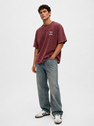 Erkek Puf Baskılı Yıkamalı Oversize T-Shirt Bordo