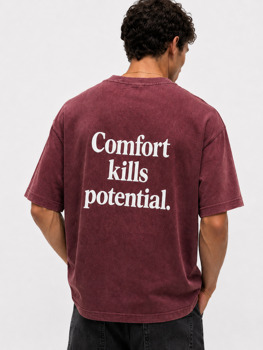 Erkek Puf Baskılı Yıkamalı Oversize T-Shirt Bordo