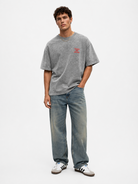 Erkek Puf Baskılı Yıkamalı Oversize T-Shirt Gri