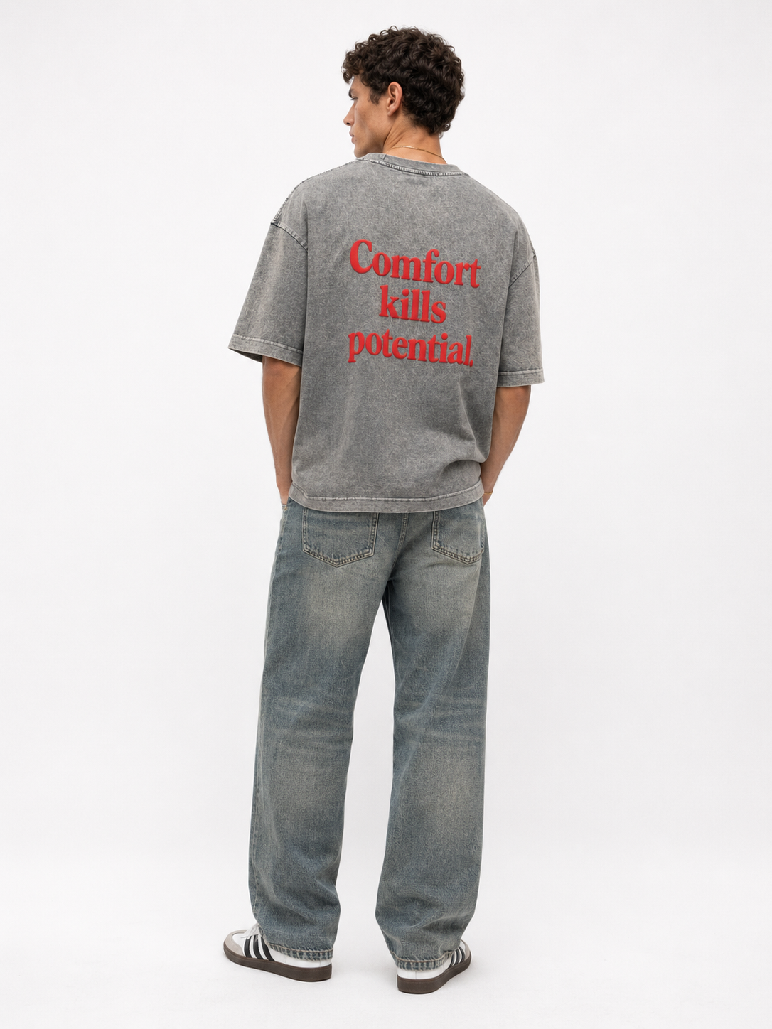 Erkek Puf Baskılı Yıkamalı Oversize T-Shirt Gri