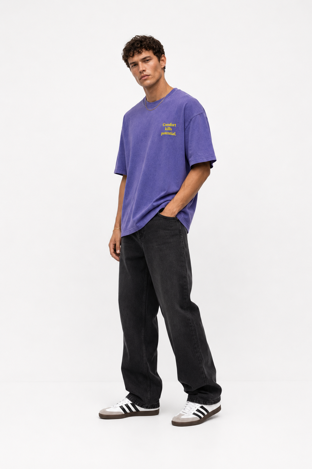 Erkek Puf Baskılı Yıkamalı Oversize T-Shirt Mor