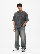 Erkek Puf Baskılı Yıkamalı Oversize T-Shirt Siyah