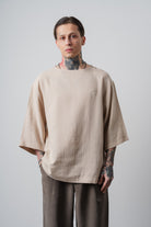 Erkek R Nakışlı Fakir Kol Müslin Oversize T-Shirt Bej