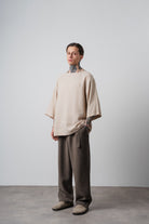 Erkek R Nakışlı Fakir Kol Müslin Oversize T-Shirt Bej