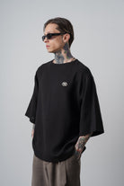 Erkek R Nakışlı Fakir Kol Müslin Oversize T-Shirt Siyah