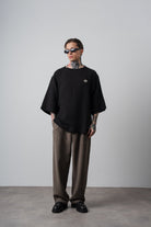 Erkek R Nakışlı Fakir Kol Müslin Oversize T-Shirt Siyah