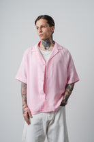 Erkek R Nakışlı Kısa Kollu Müslin Oversize Gömlek Pembe