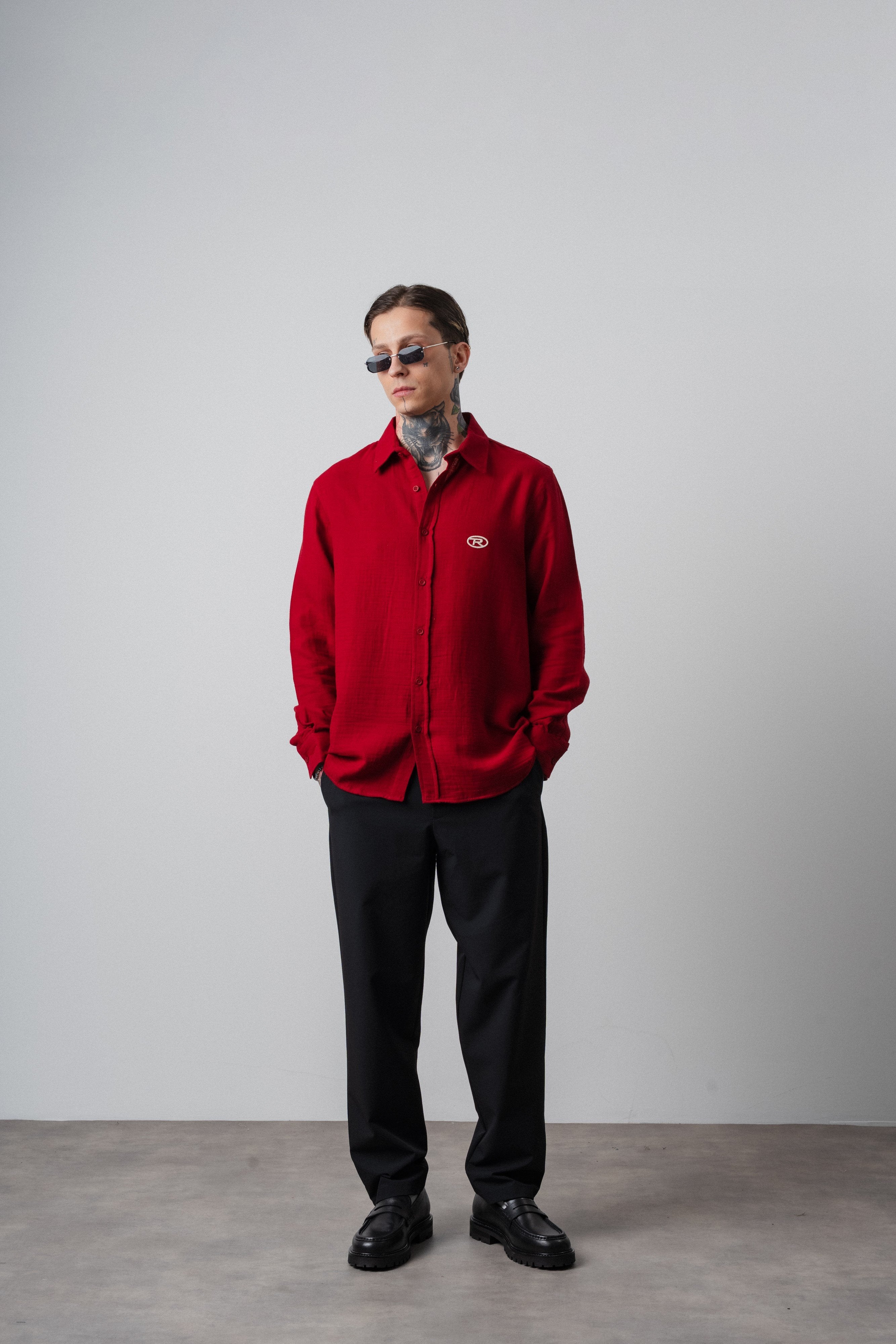 Erkek R Nakışlı Uzun Kollu Müslin Oversize Gömlek Bordo