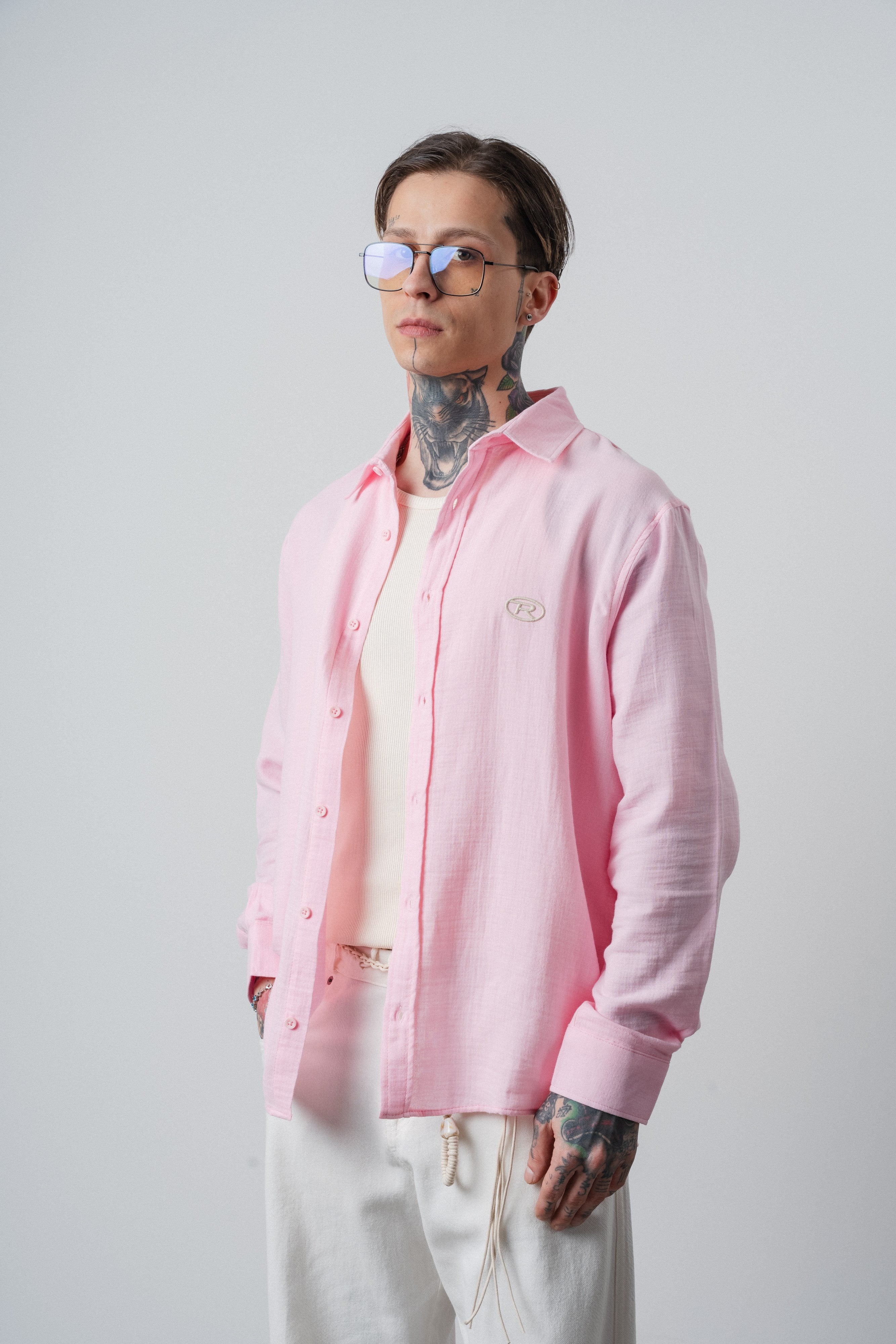 Erkek R Nakışlı Uzun Kollu Müslin Oversize Gömlek Pembe