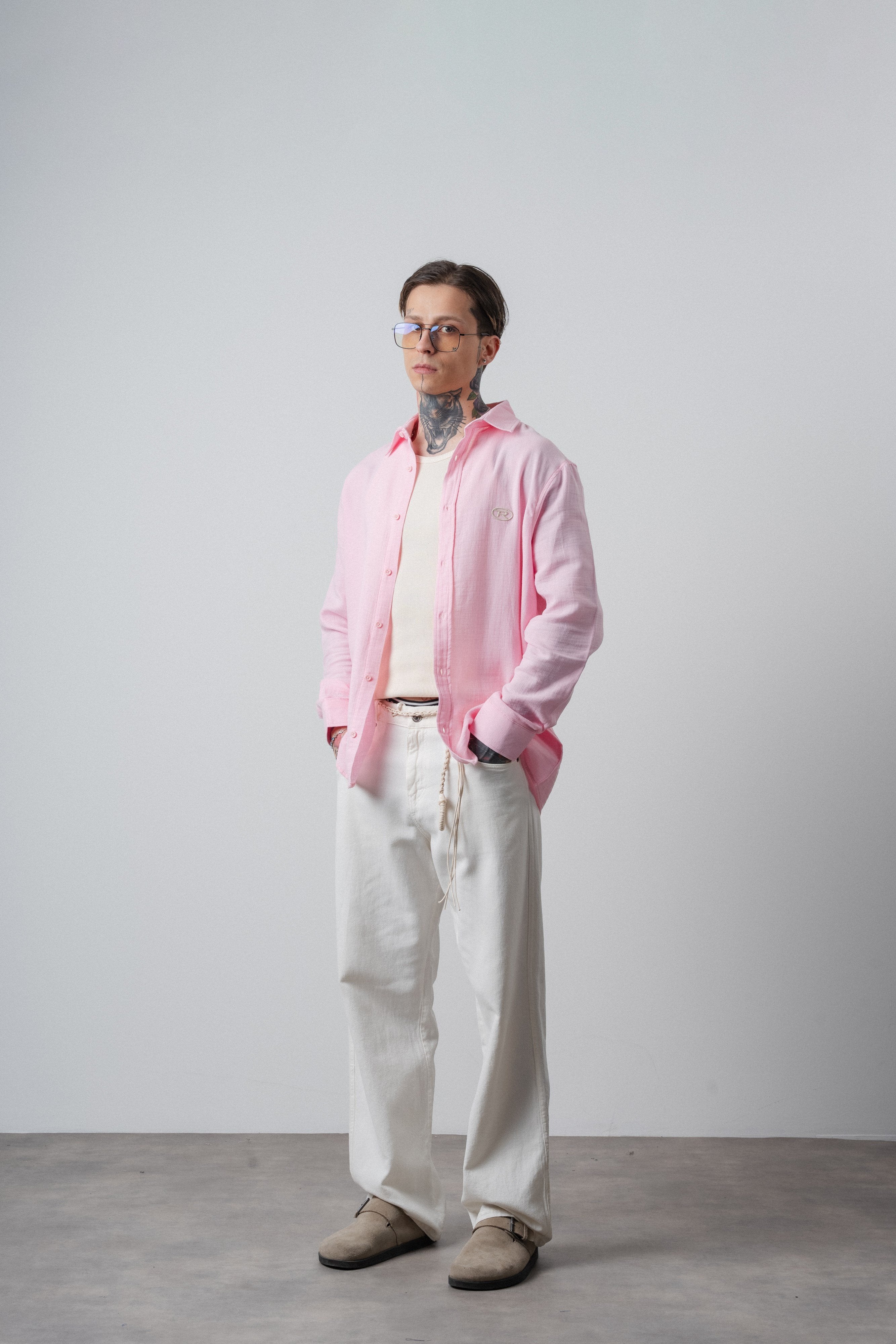 Erkek R Nakışlı Uzun Kollu Müslin Oversize Gömlek Pembe