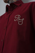 Erkek Res Nakışlı Uzun Kollu Keten Oversize Gömlek Bordo