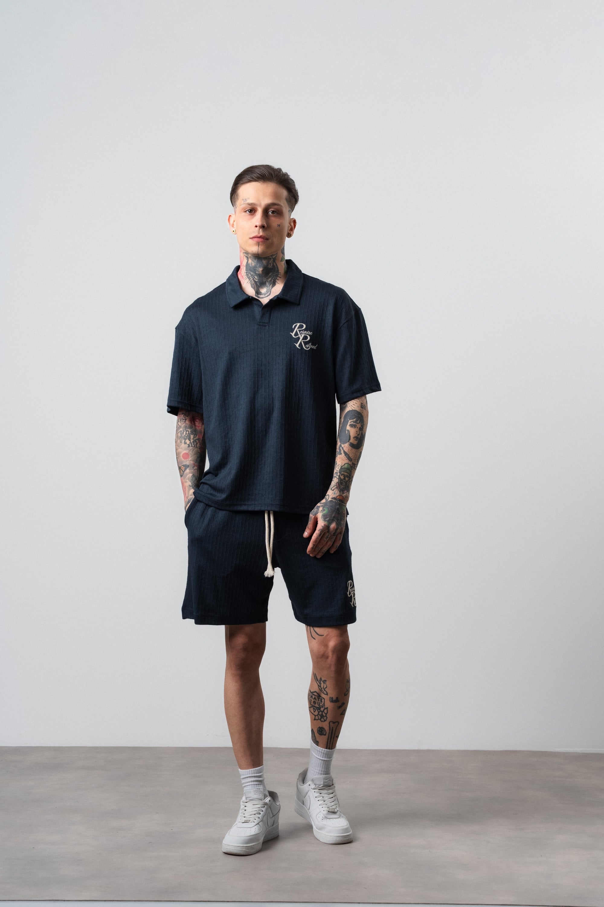 Erkek Respire Relined Yazılı Regular Fit T-Shirt Şort Takım Lacivert