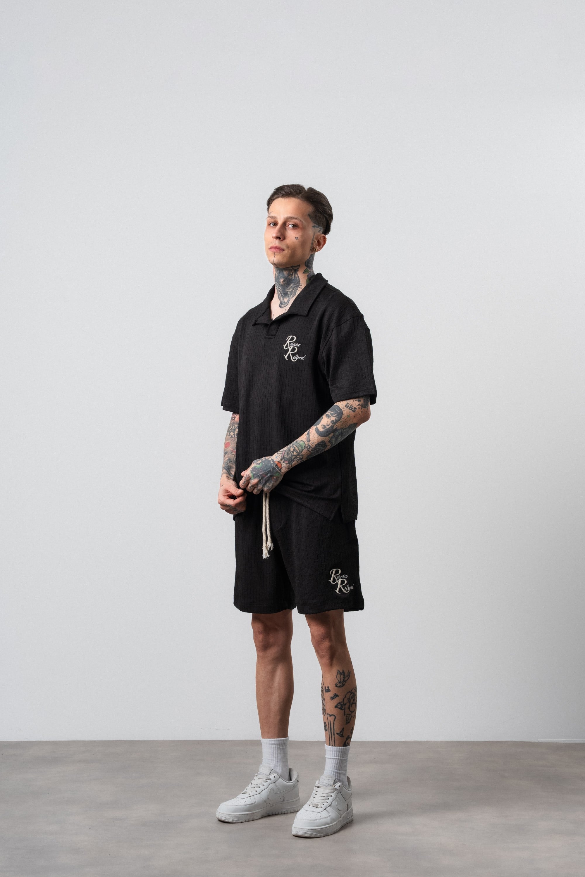 Erkek Respire Relined Yazılı Regular Fit T-Shirt Şort Takım Siyah