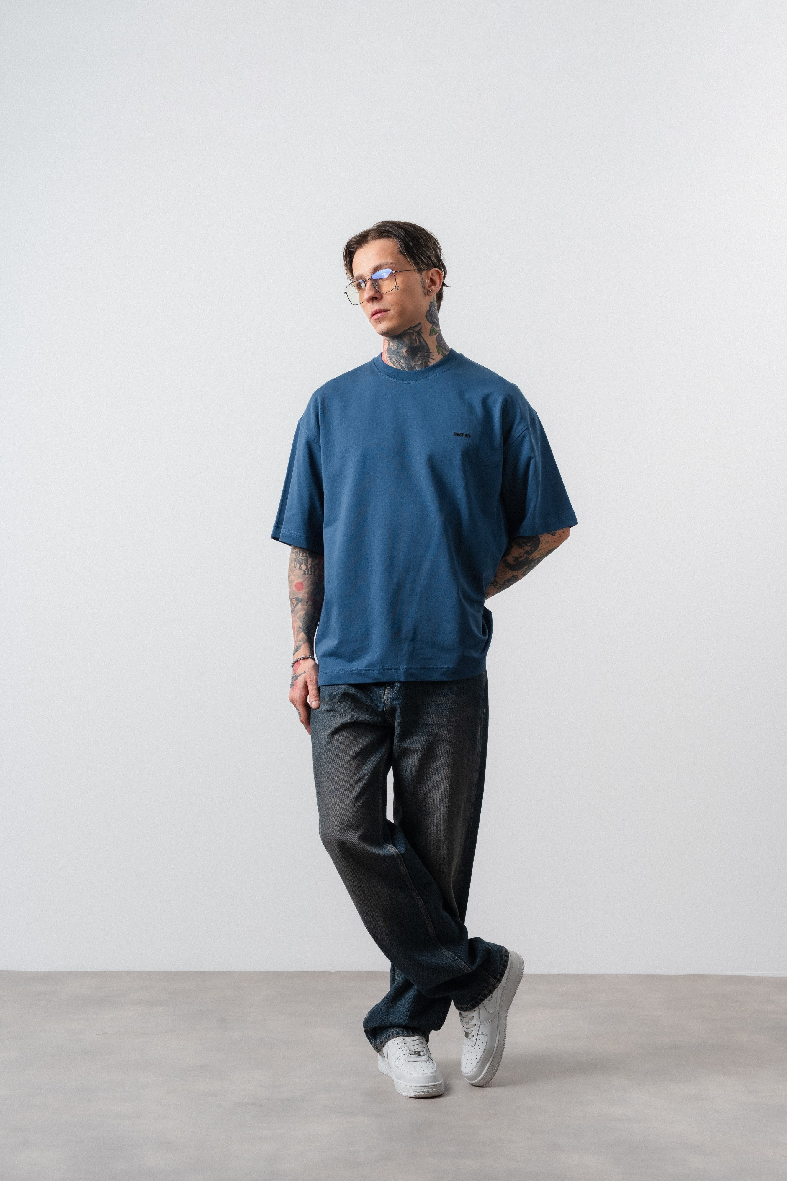 Erkek Respire Yazı Detaylı Oversize T-Shirt Lacivert