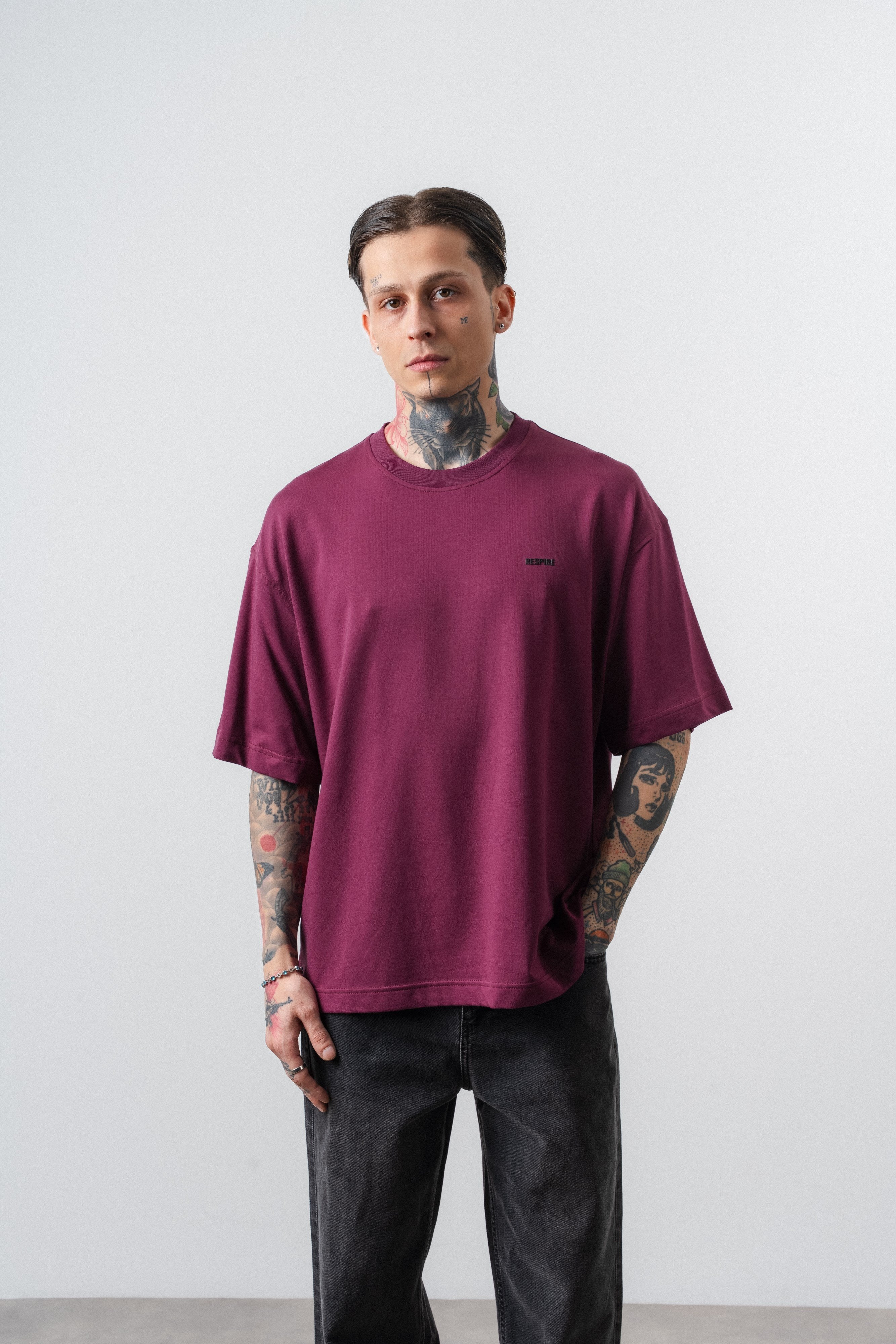Erkek Respire Yazı Detaylı Oversize T-Shirt Vişne