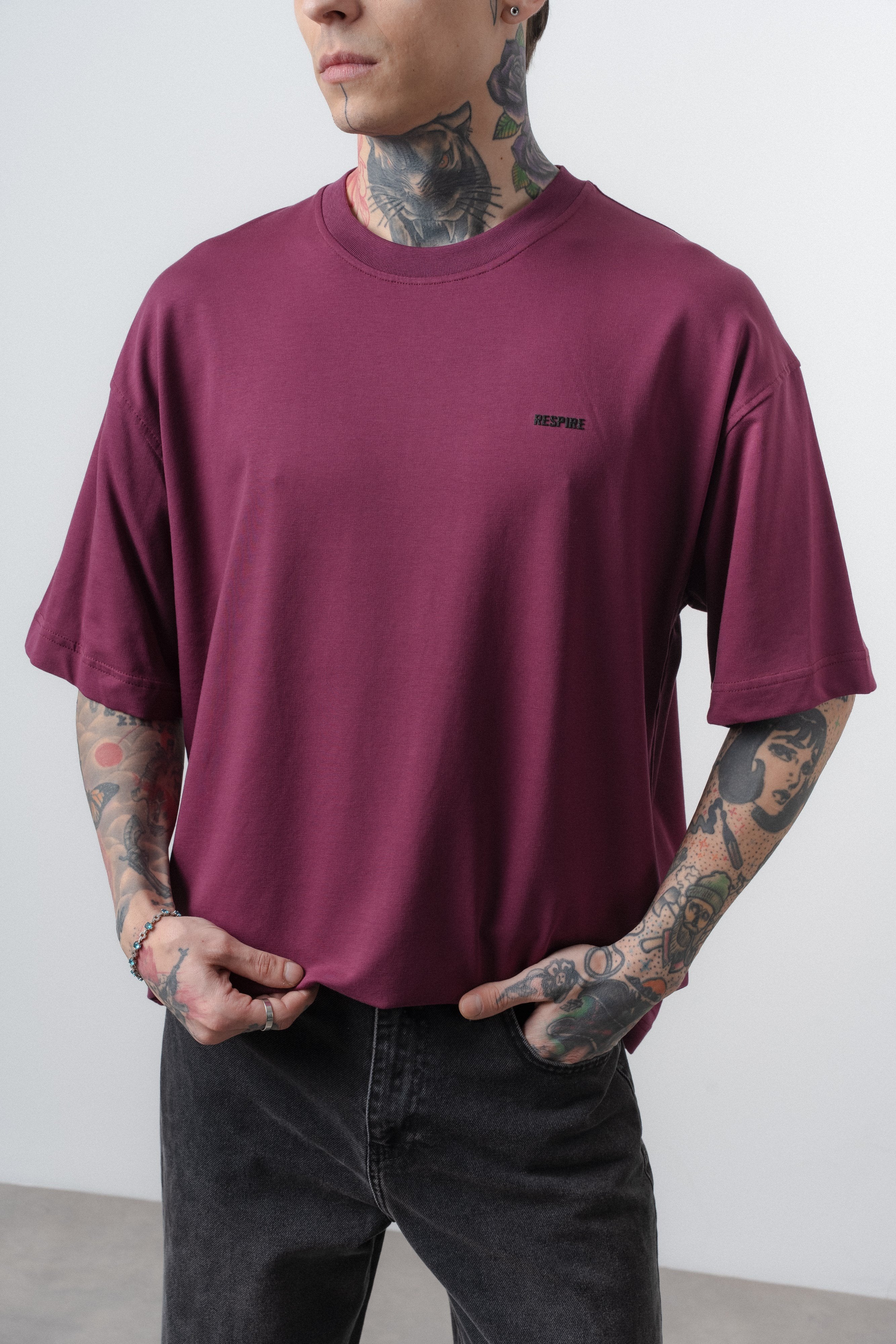 Erkek Respire Yazı Detaylı Oversize T-Shirt Vişne