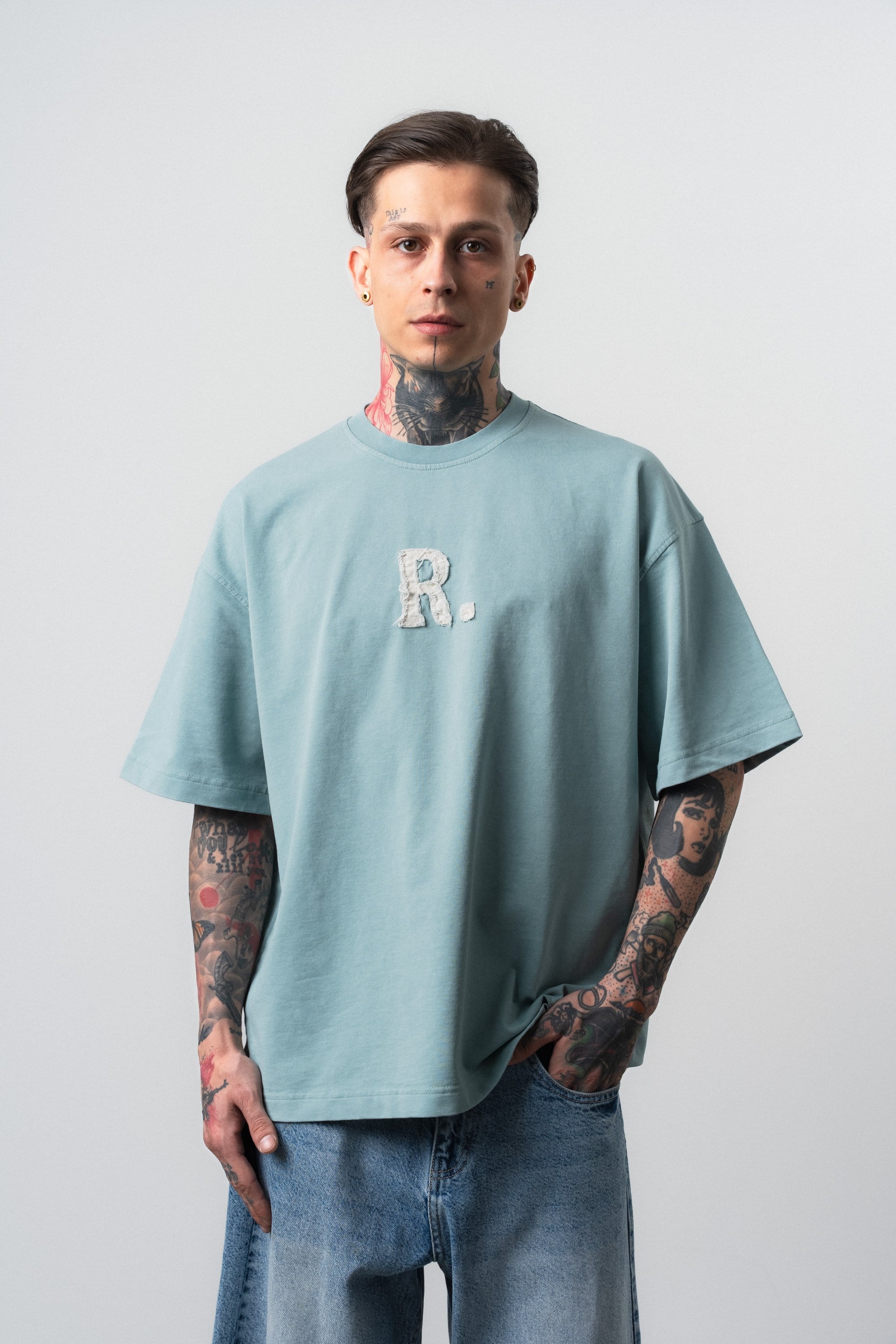 Erkek Revere Nakışlı Yıkamalı Oversize T-Shirt Bebe Mavi