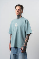 Erkek Revere Nakışlı Yıkamalı Oversize T-Shirt Bebe Mavi