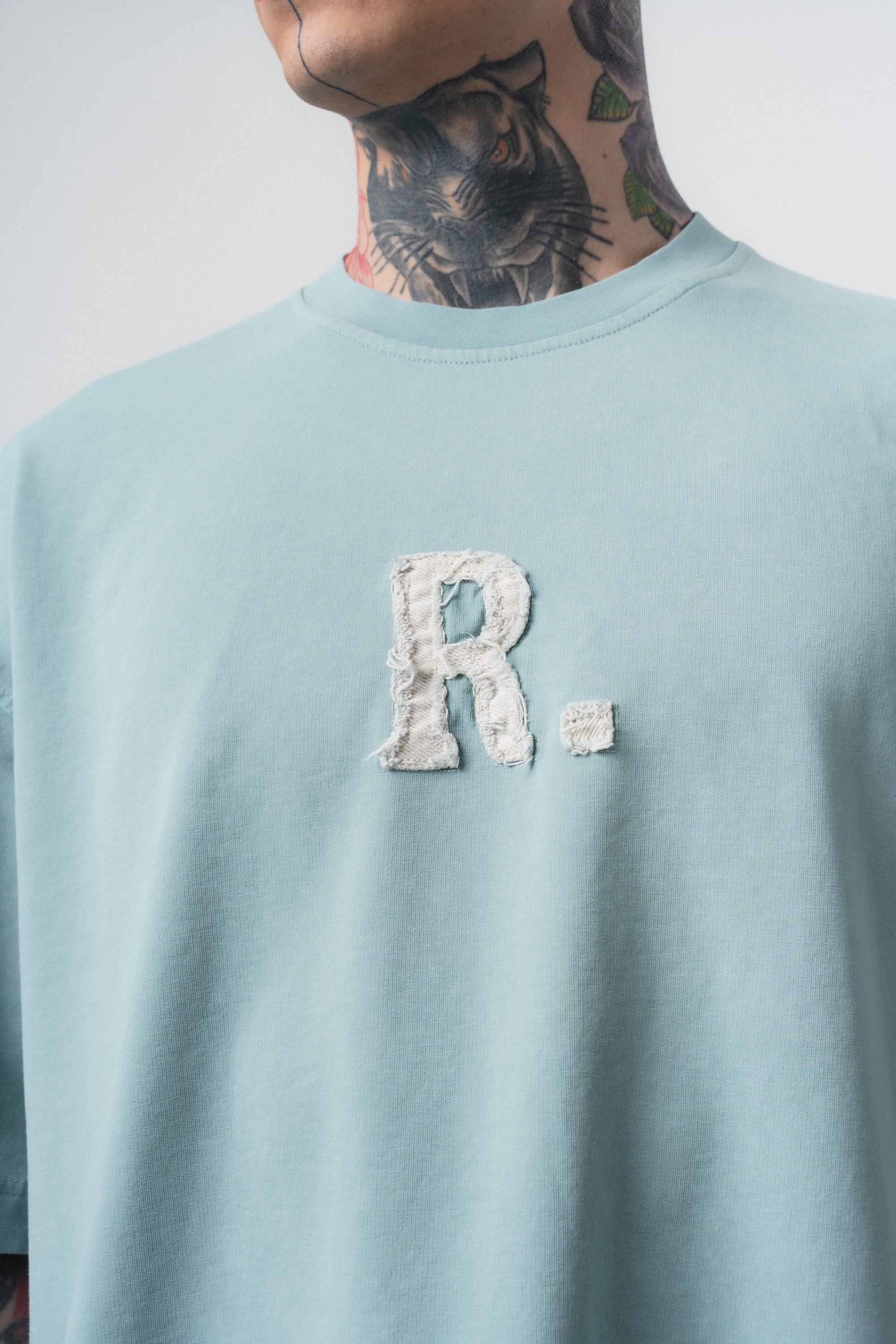 Erkek Revere Nakışlı Yıkamalı Oversize T-Shirt Bebe Mavi