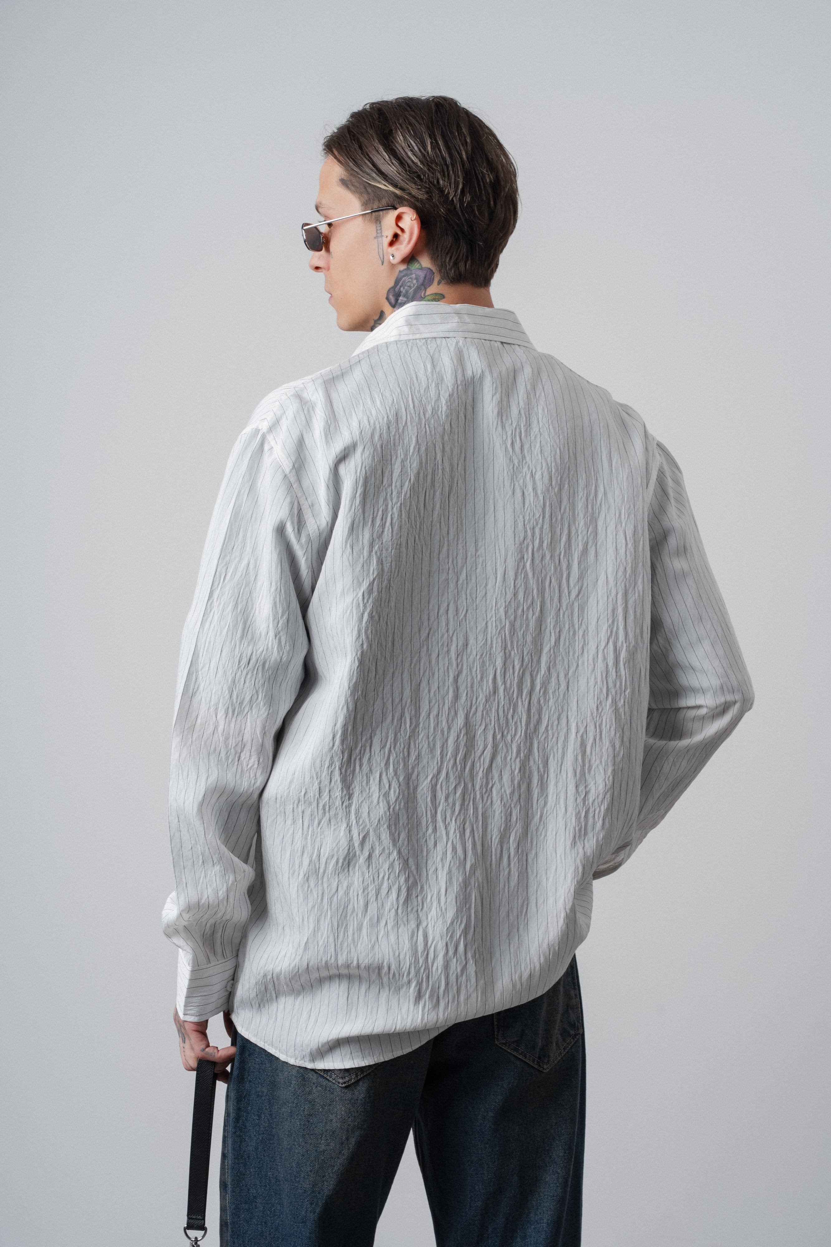 Erkek Rs Nakışlı Çizgili Uzun Kollu Oversize Gömlek Beyaz