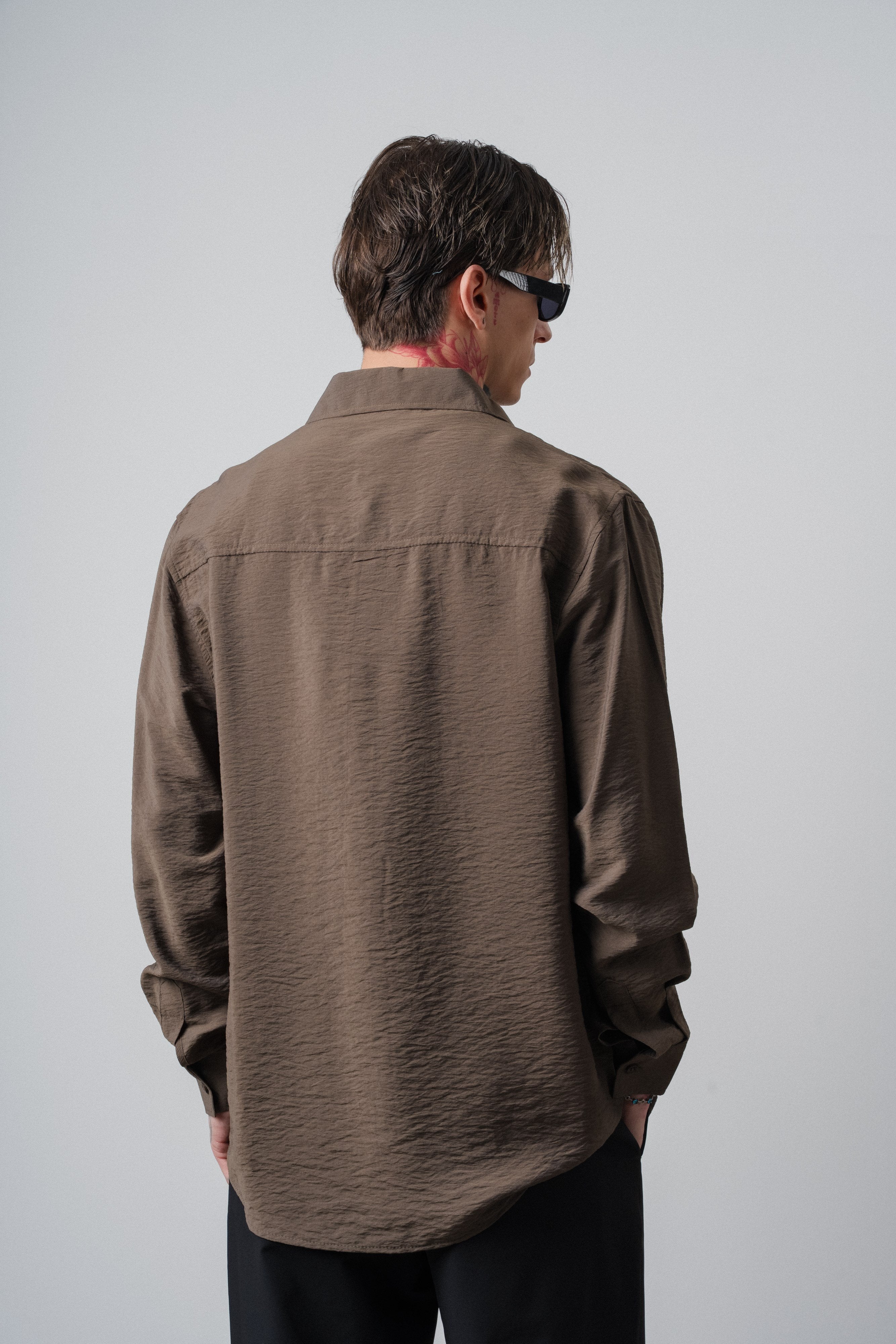 Erkek Rs Nakışlı Uzun Kollu Oversize Gömlek Haki