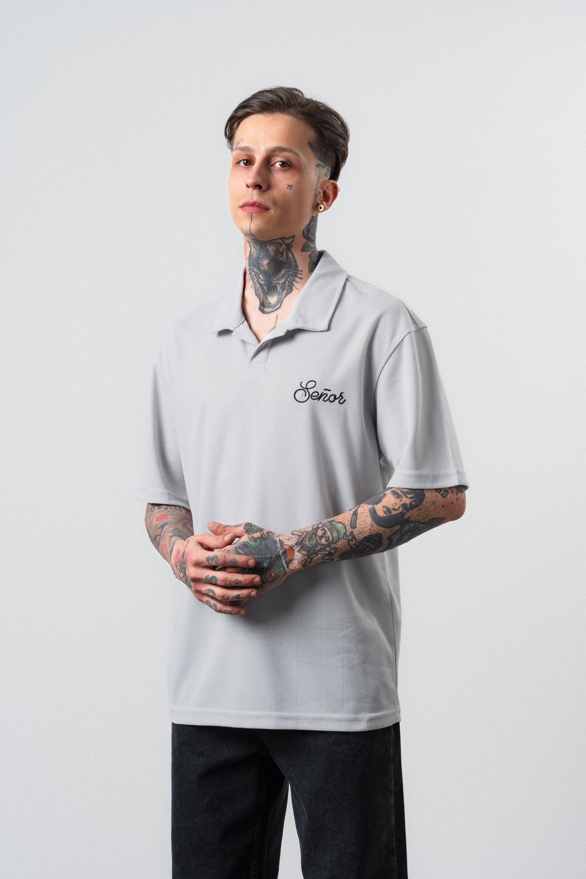 Erkek Senor Yazılı Polo Yaka Regular Fit T-Shirt Gri