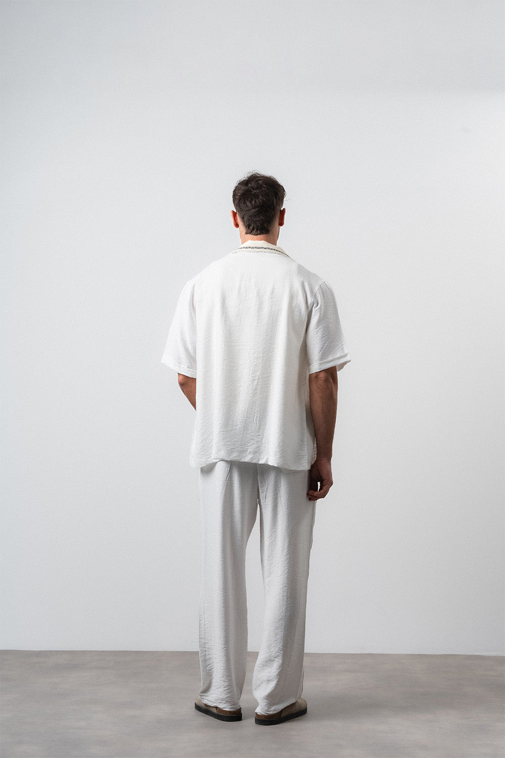 Respire-Erkek Şerit Detaylı Keten Oversize Gömlek Pantolon Takım Ekru-Alt - Üst Takım-4-Milagron.com