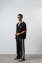 Respire-Erkek Şerit Detaylı Keten Oversize Gömlek Pantolon Takım Siyah-Alt - Üst Takım-2-Milagron.com
