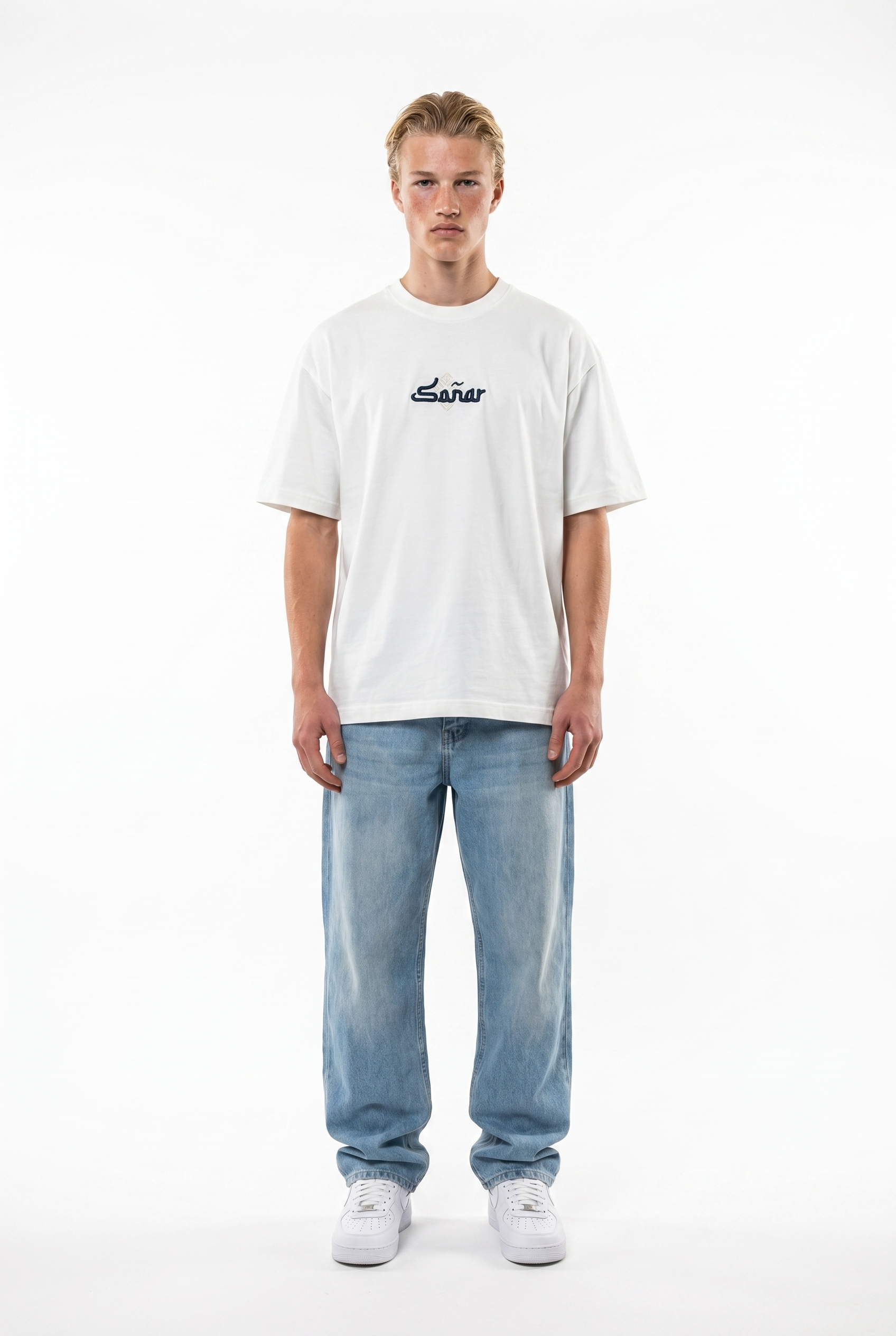 Erkek Sonar Nakış Detaylı Oversize T-Shirt Ekru