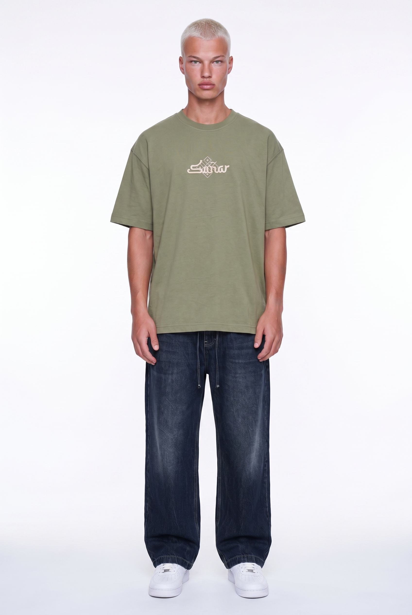 Erkek Sonar Nakış Detaylı Oversize T-Shirt Haki