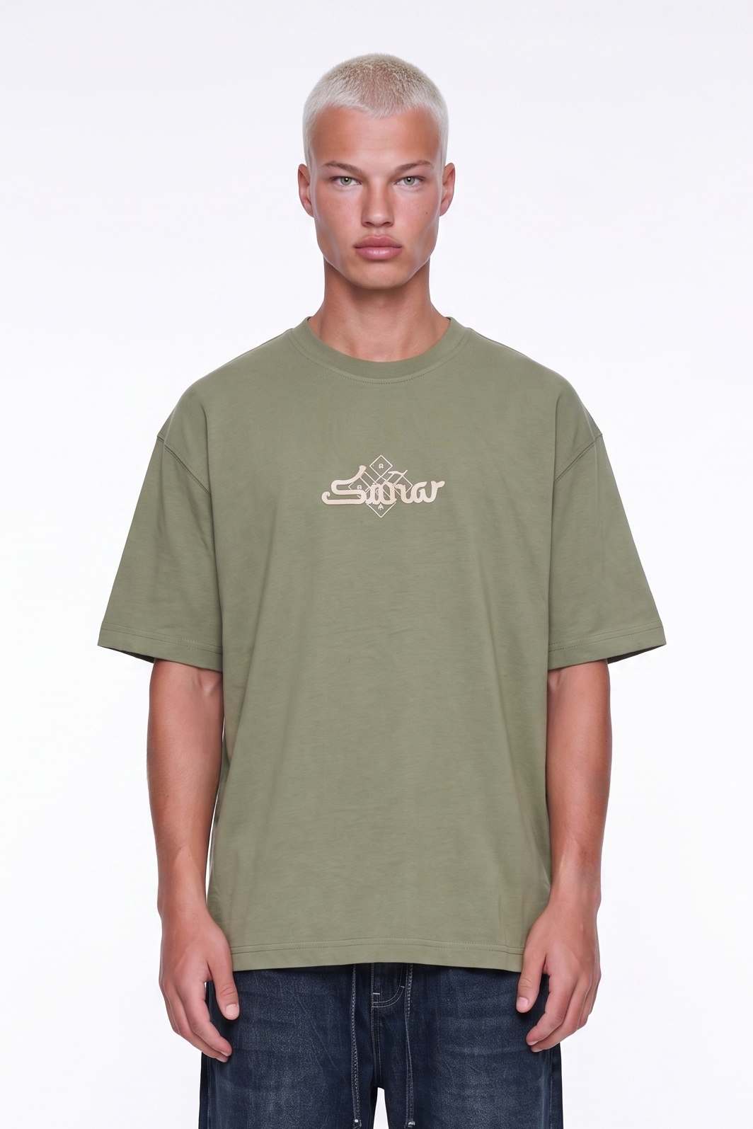 Erkek Sonar Nakış Detaylı Oversize T-Shirt Haki