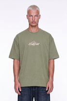 Erkek Sonar Nakış Detaylı Oversize T-Shirt Haki