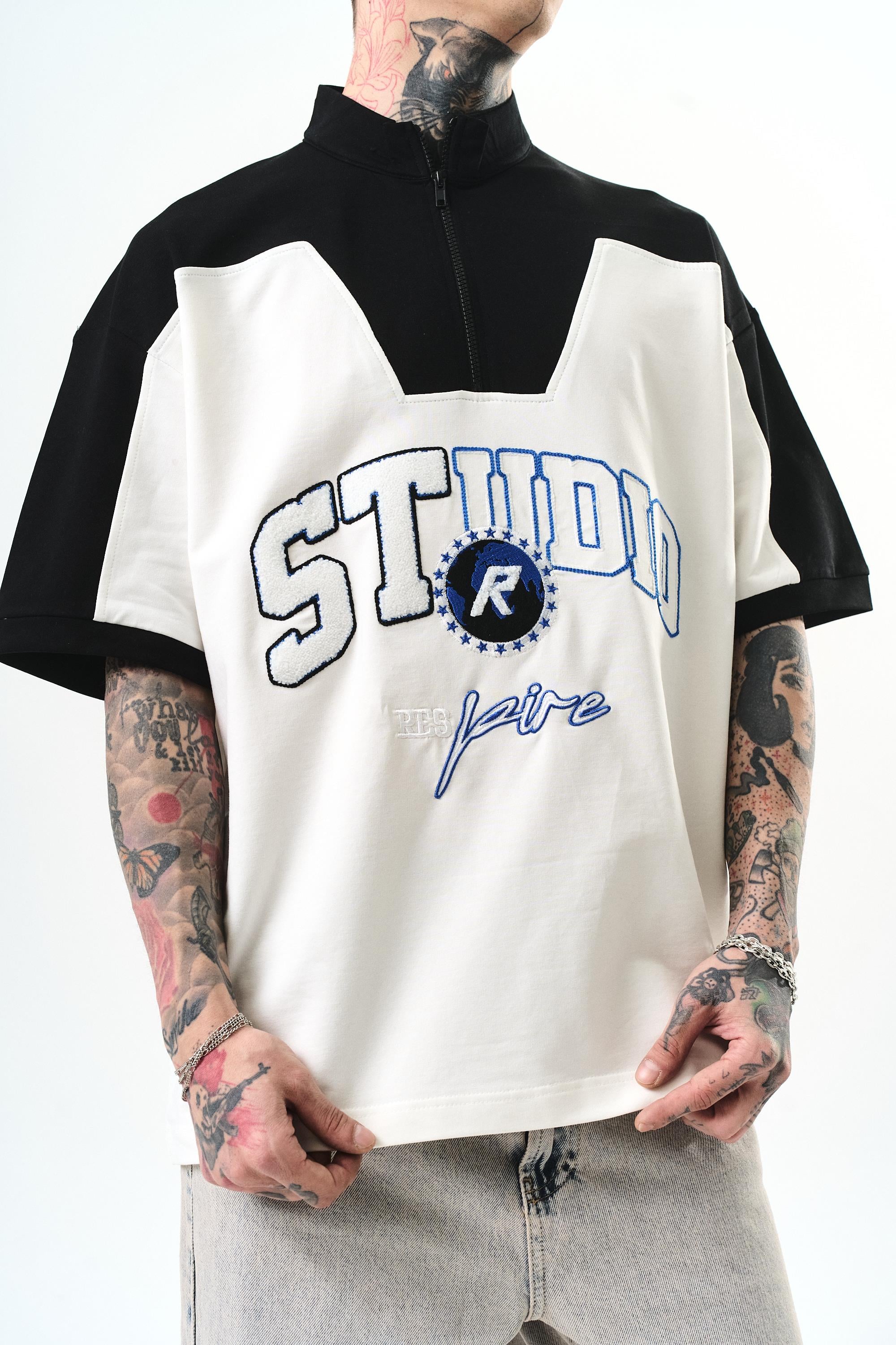 Erkek Studio Nakışlı Yarım Fermuarlı Oversize T-Shirt Ekru