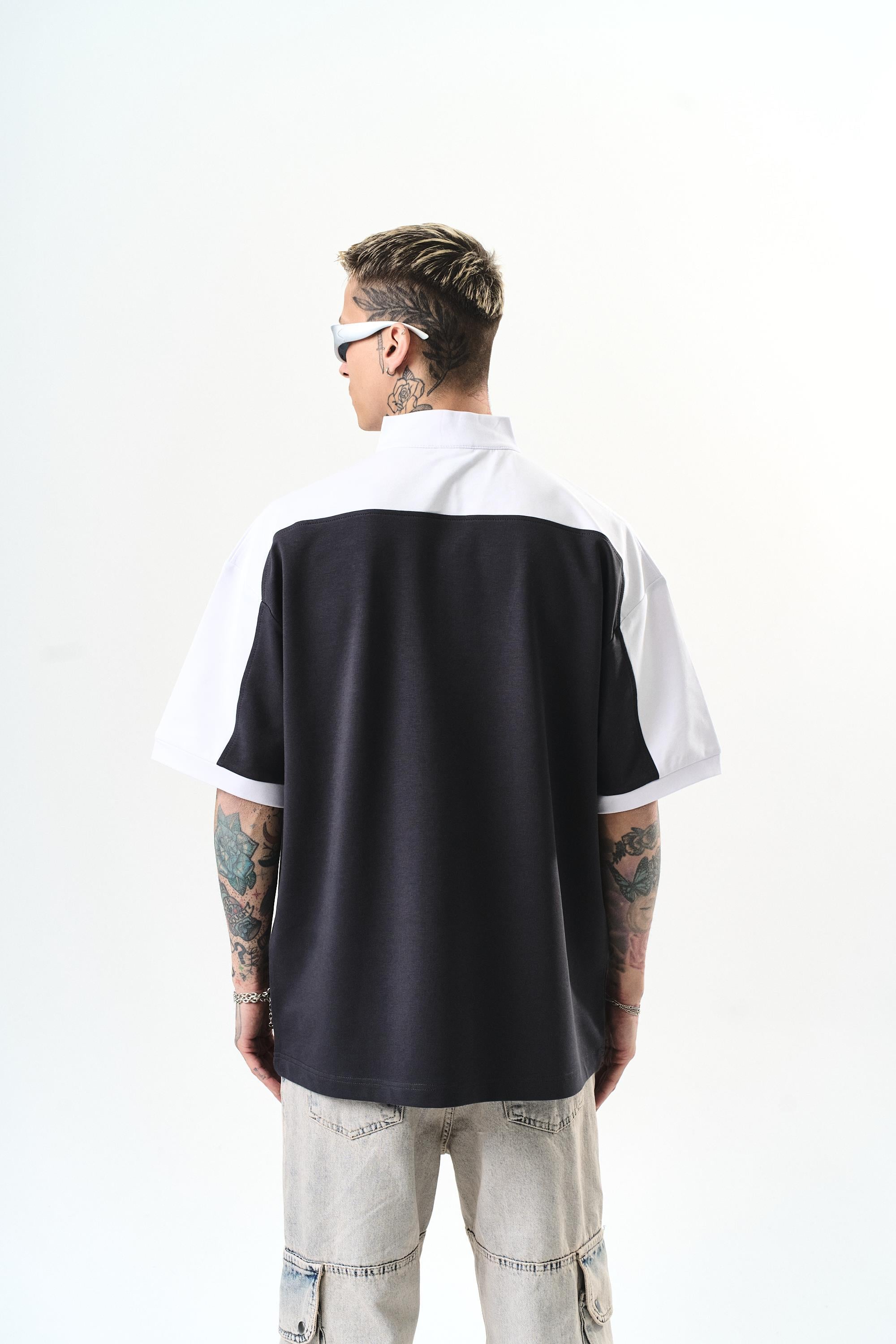 Erkek Studio Nakışlı Yarım Fermuarlı Oversize T-Shirt Füme